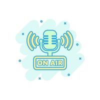 Microphone icon in comic style. Live broadcast vector cartoon illustration on white isolated background. On air business concept splash effect.