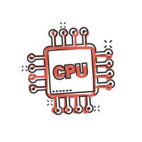 Computer cpu icon in comic style. Circuit board cartoon vector illustration on white isolated background. Motherboard chip splash effect business concept.