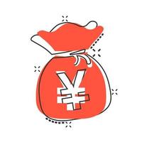 yen de dibujos animados vectoriales, icono de moneda de dinero de bolsa de yuanes en estilo cómico. Pictograma de ilustración de concepto de saco de moneda de yen. concepto de efecto de salpicadura de negocio de dinero de asia. vector