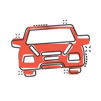 icono de coche en estilo cómico. ilustración de vector de dibujos animados de vehículo de automóvil sobre fondo blanco aislado. concepto de negocio de efecto de salpicadura de sedán.