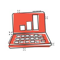 Laptop chart icon in comic style. SEO data cartoon vector illustration on white isolated background. Computer diagram splash effect business concept.