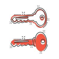 Key icon in comic style. Password cartoon vector illustration on white isolated background. Access splash effect business concept.