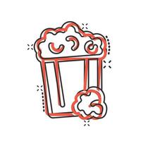 Film icon in comic style. Popcorn cartoon vector illustration on white isolated background. Pop corn bucket splash effect business concept.
