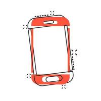 Smartphone icon in comic style. Phone handset vector cartoon illustration pictogram splash effect.