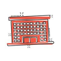 Building icon in comic style. Town skyscraper apartment cartoon vector illustration on white isolated background. City tower splash effect business concept.