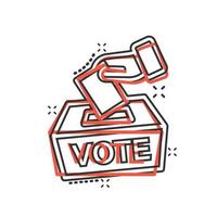 Vote icon in comic style. Ballot box cartoon vector illustration on white isolated background. Election splash effect business concept.