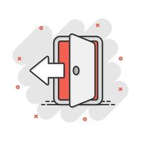 icono de la puerta de entrada de dibujos animados vectoriales en estilo cómico. Pictograma de ilustración del concepto de puertas de salida. concepto de efecto de salpicadura de negocio de entrada de puerta. vector