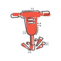 Jackhammer icon in comic style. Demolish package vector illustration on white isolated background. Destroy splash effect business concept.