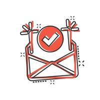 Envelope with confirmed document icon in comic style. Verify cartoon vector illustration on white isolated background. Receive splash effect business concept.