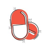 Pill capsule icon in comic style. Drugs cartoon vector illustration on white isolated background. Pharmacy splash effect business concept.