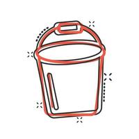 icono de cubo en estilo cómico. Ilustración de vector de dibujos animados de bote de basura sobre fondo blanco aislado. concepto de negocio de efecto de salpicadura de cubo.