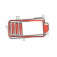 Battery charge icon in comic style. Power level cartoon vector illustration on white isolated background. Lithium accumulator splash effect business concept.