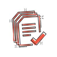 Approved document icon in comic style. Authorize cartoon vector illustration on white isolated background. Agreement check mark splash effect business concept.