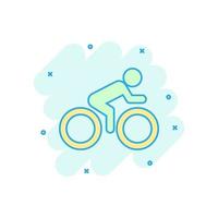 gente en icono de signo de bicicleta en estilo cómico. ilustración de dibujos animados de vector de bicicleta sobre fondo blanco aislado. efecto de salpicadura de concepto de negocio de ciclismo de hombres.