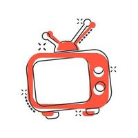 icono de monitor de televisión de dibujos animados vectoriales en estilo cómico. pictograma de ilustración de concepto de pantalla de tv. concepto de efecto de salpicadura de negocio de espectáculos de televisión. vector