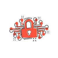 Cyber security icon in comic style. Padlock locked vector cartoon illustration on white isolated background. Closed password business concept splash effect.