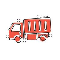 Delivery truck icon in comic style. Van cartoon vector illustration on white isolated background. Cargo car splash effect business concept.