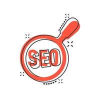 Seo analytics icon in comic style. Social media vector cartoon illustration on white isolated background. Search analysis business concept splash effect.