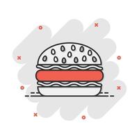 icono de comida rápida de hamburguesa de dibujos animados vectoriales en estilo cómico. pictograma de ilustración de signo de hamburguesa. concepto de efecto de salpicadura de negocio de hamburguesas. vector