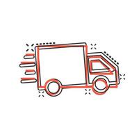 Delivery truck sign icon in comic style. Van vector cartoon illustration on white isolated background. Cargo car business concept splash effect.