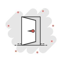 icono de puerta de dibujos animados vectoriales en estilo cómico. Pictograma de ilustración de señal de salida. concepto de efecto de salpicadura de negocio de puerta abierta. vector