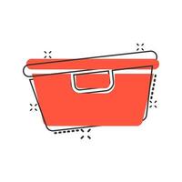 Food container icon in comic style. Kitchen bowl vector cartoon illustration pictogram splash effect.