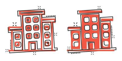 Building icon in comic style. Town skyscraper apartment cartoon vector illustration on white isolated background. City tower splash effect business concept.