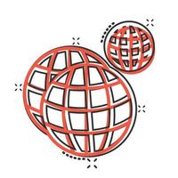 icono del planeta tierra en estilo cómico. ilustración de vector de dibujos animados geográficos de globo sobre fondo blanco aislado. concepto de negocio de efecto de salpicadura de comunicación global.