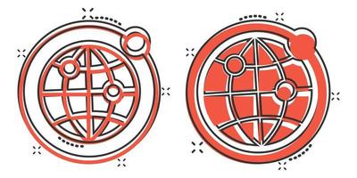 icono del planeta tierra en estilo cómico. ilustración de vector de dibujos animados geográficos de globo sobre fondo blanco aislado. concepto de negocio de efecto de salpicadura de comunicación global.