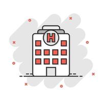 icono del edificio del hospital en estilo cómico. ilustración de dibujos animados de vector de enfermería sobre fondo blanco aislado. efecto de salpicadura de concepto de negocio de ambulancia médica.