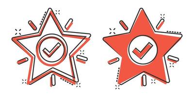 Check mark with star icon in comic style. Add to favorite cartoon vector illustration on white isolated background. Bookmark splash effect business concept.