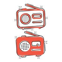 icono de radio en estilo cómico. ilustración de vector de dibujos animados de transmisión fm sobre fondo blanco aislado. concepto de negocio de efecto de salpicadura de radiodifusión.