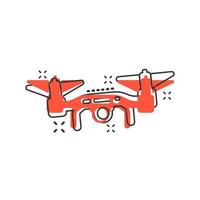 Drone quadrocopter icon in comic style. Quadcopter camera vector cartoon illustration on white isolated background. Helicopter flight business concept splash effect.