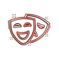 Theater mask icon in comic style. Comedy and tragedy cartoon vector illustration on white isolated background. Smile face splash effect business concept.