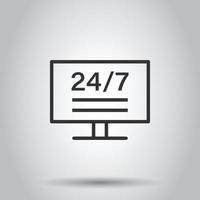 24 7 computer icon in flat style. All day service vector illustration on white isolated background. Support business concept.