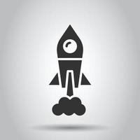 Rocket icon in flat style. Spaceship launch vector illustration on white isolated background. Sputnik  business concept.