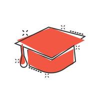 Graduation hat icon in comic style. Student cap cartoon vector illustration on white isolated background. University splash effect business concept.