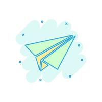 Paper airplane icon in comic style. Plane vector cartoon illustration on white isolated background. Air flight business concept splash effect.