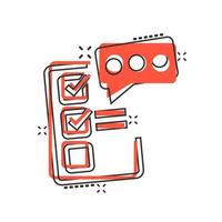 Checklist document sign icon in comic style. Survey vector cartoon illustration on white isolated background. Check mark banner business concept splash effect.