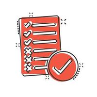 Document checklist icon in comic style. Report cartoon vector illustration on white isolated background. Paper sheet splash effect business concept.