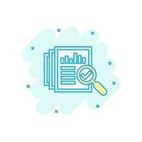 Audit document icon in comic style. Result report vector cartoon illustration on white isolated background. Verification control business concept splash effect.
