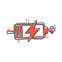 Battery charge icon in comic style. Power level cartoon vector illustration on white isolated background. Lithium accumulator splash effect business concept.