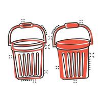 Bucket icon in comic style. Garbage pot cartoon vector illustration on white isolated background. Pail splash effect business concept.