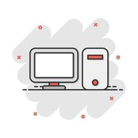 icono de computadora de dibujos animados de vector en estilo cómico. pictograma de ilustración de signo de monitor. concepto de efecto de salpicadura de negocio de pc.