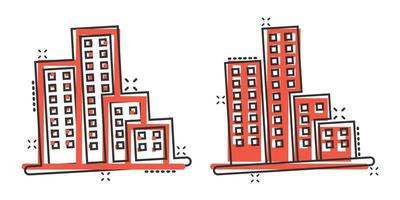 Building icon in comic style. Town skyscraper apartment cartoon vector illustration on white isolated background. City tower splash effect business concept.