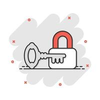 Key with padlock icon in comic style. Access login vector cartoon illustration pictogram. Lock keyhole business concept splash effect.