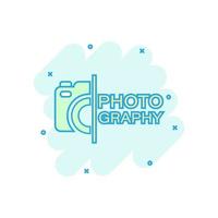 Camera device sign icon in comic style. Photography vector cartoon illustration on white isolated background. Cam equipment business concept splash effect.