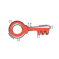 Key icon in comic style. Password cartoon vector illustration on white isolated background. Access splash effect business concept.