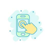 Hand touch smartphone icon in comic style. Phone finger vector cartoon illustration on white isolated background. Cursor touchscreen business concept splash effect.