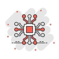 Computer chip icon in comic style. Circuit board cartoon vector illustration on white isolated background. Cpu processor splash effect business concept.